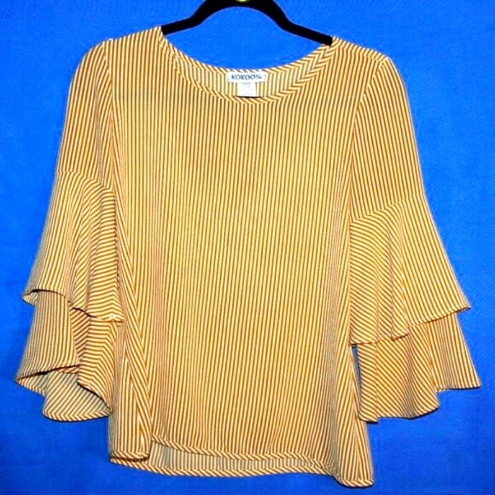 KOKOON Striped Bell Sleeve Blouse - Women's Size S - Tan & White - Ruffle Sleeve
